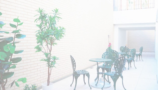観葉植物が配置された明るい共用スペース。ラウンジチェアと小テーブルが配置されている。
